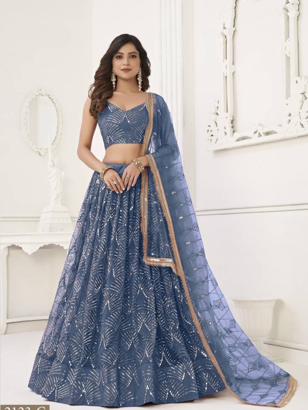 Dusty Blue Embellished Net Lehenga Cholu with Gold Trim, Silver Embroidery